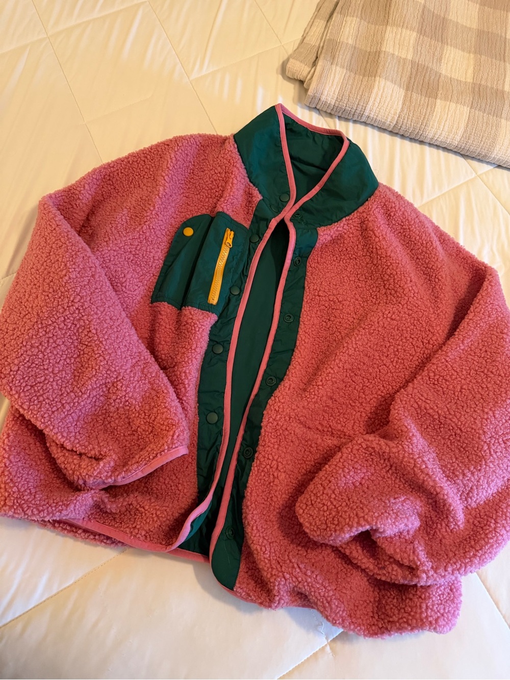 Pink Sherpa Jacket with Green Trim